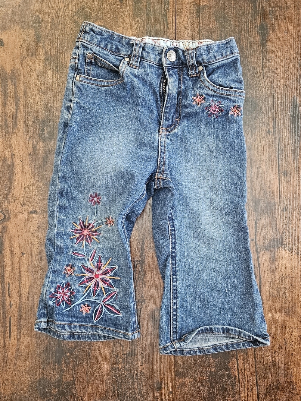 Y2K H&M Light Blue Denim Jeans with Pink & Orange Floral Accents Size 1-1.5 Year
